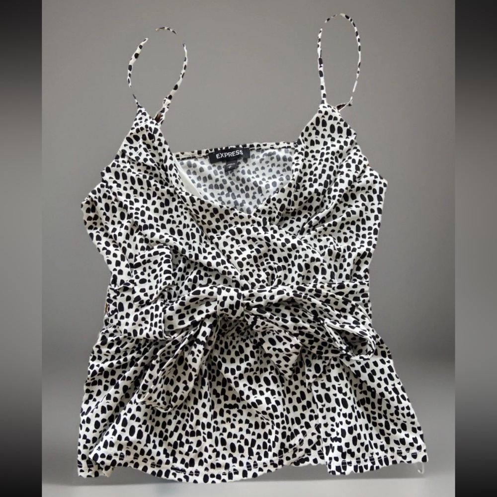 Express Womens Black/White Polka‎ Dot Wrap Peplum Cinched Tank Top Blouse Size S